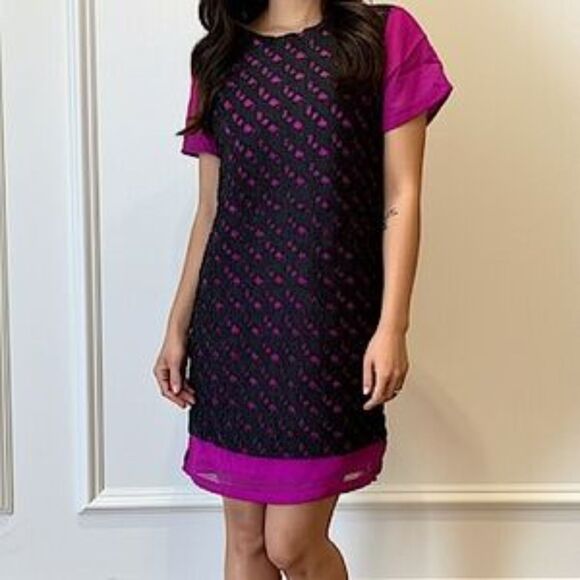 NWT French Connection Autumn Prune/Black Horse Lace Short Sleeve Tunic Dress 4 - Picture 1 of 9